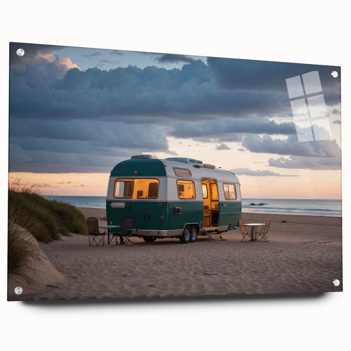 Side view of a caravan in muted earth tones on acrylic glass, suitable for bedroom or dining room decor.