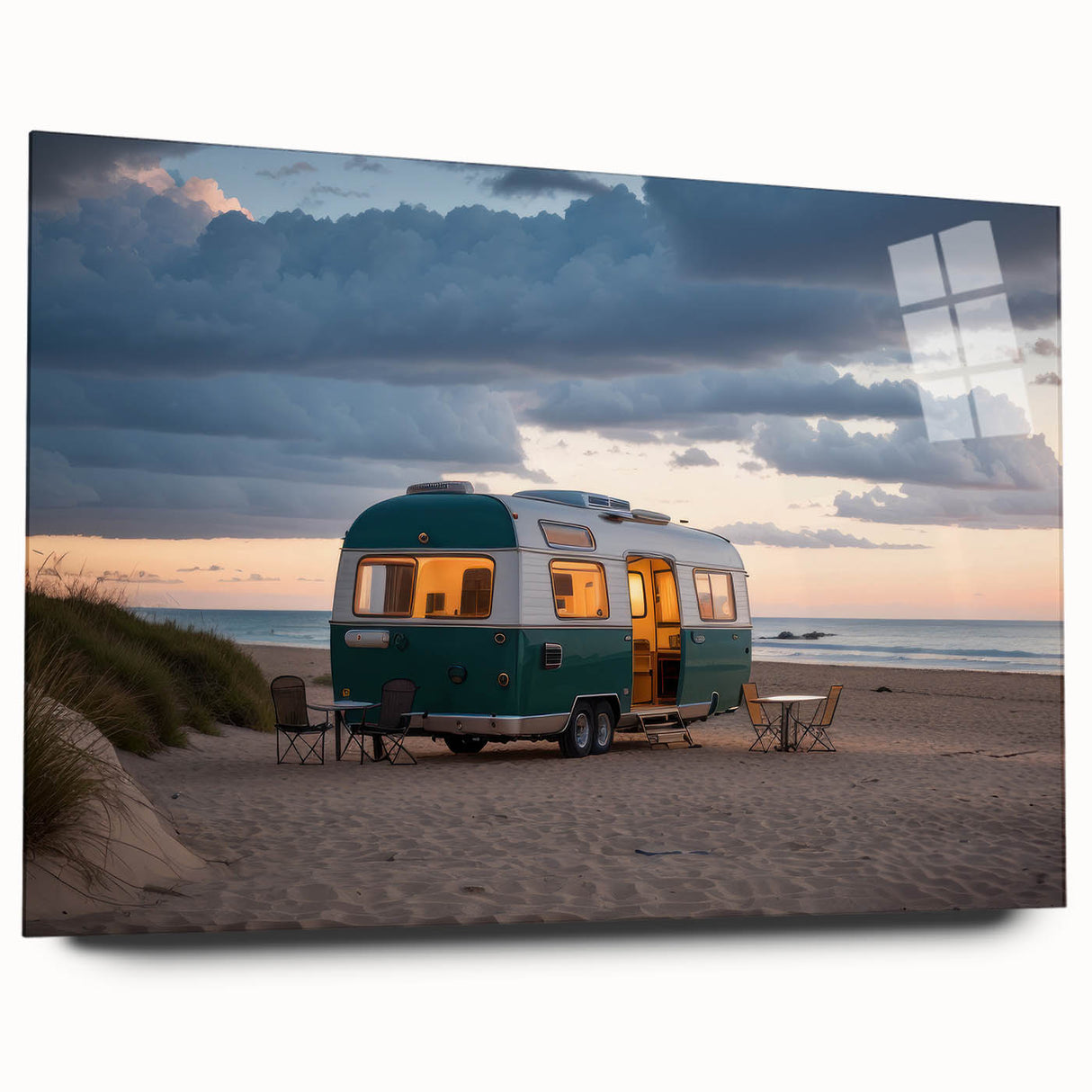 Side view of a caravan depicted in large abstract style on acrylic glass, with muted earth tones.