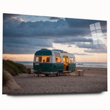Side view of a caravan depicted in large abstract style on acrylic glass, with muted earth tones.