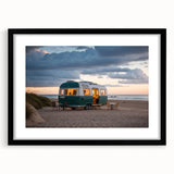 Extra large abstract art print featuring a colorful, textured caravan design on a black framed canvas.