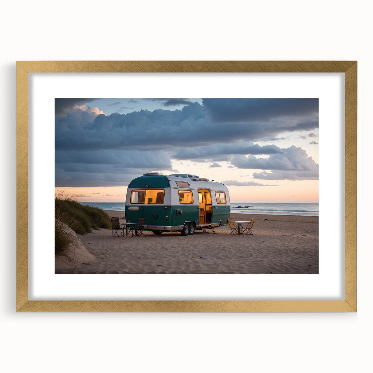 Textured abstract art print of a caravan in muted earth tones on a framed canvas, suitable for bedroom decor.
