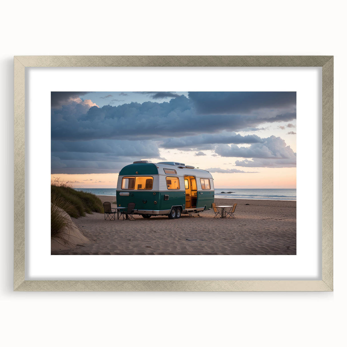 Abstract art print of a caravan in muted earth tones on a framed canvas, suitable for dining room decor.