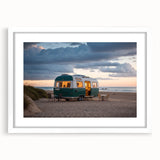 Extra large abstract art print of a caravan in textured gray and white tones, framed with a white mat.