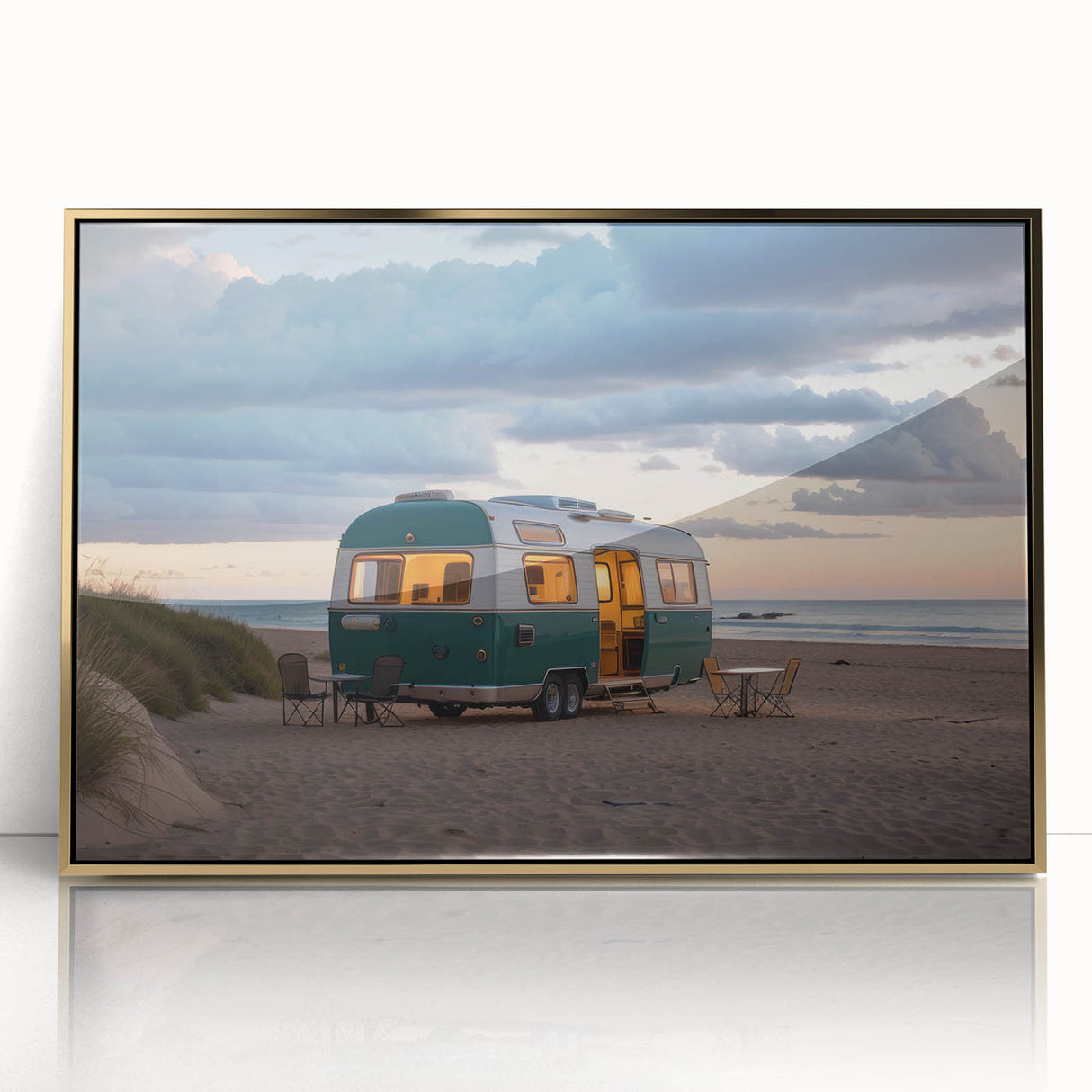 Mid-century modernist art featuring a caravan in muted earth tones on a framed acrylic, ideal for nursery wall decor.