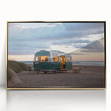Mid-century modernist art featuring a caravan in muted earth tones on a framed acrylic, ideal for nursery wall decor.