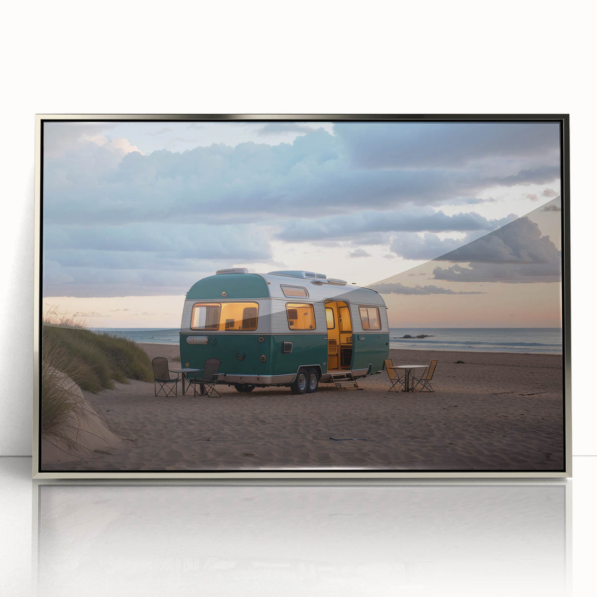 Art deco poster of a vintage caravan in muted silver tones on framed acrylic, ideal for nursery wall decor.