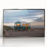 Art deco poster of a vintage caravan in muted silver tones on framed acrylic, ideal for nursery wall decor.