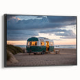 Black and white framed canvas of a vintage caravan in a landscape setting, ideal for bedroom wall decor.