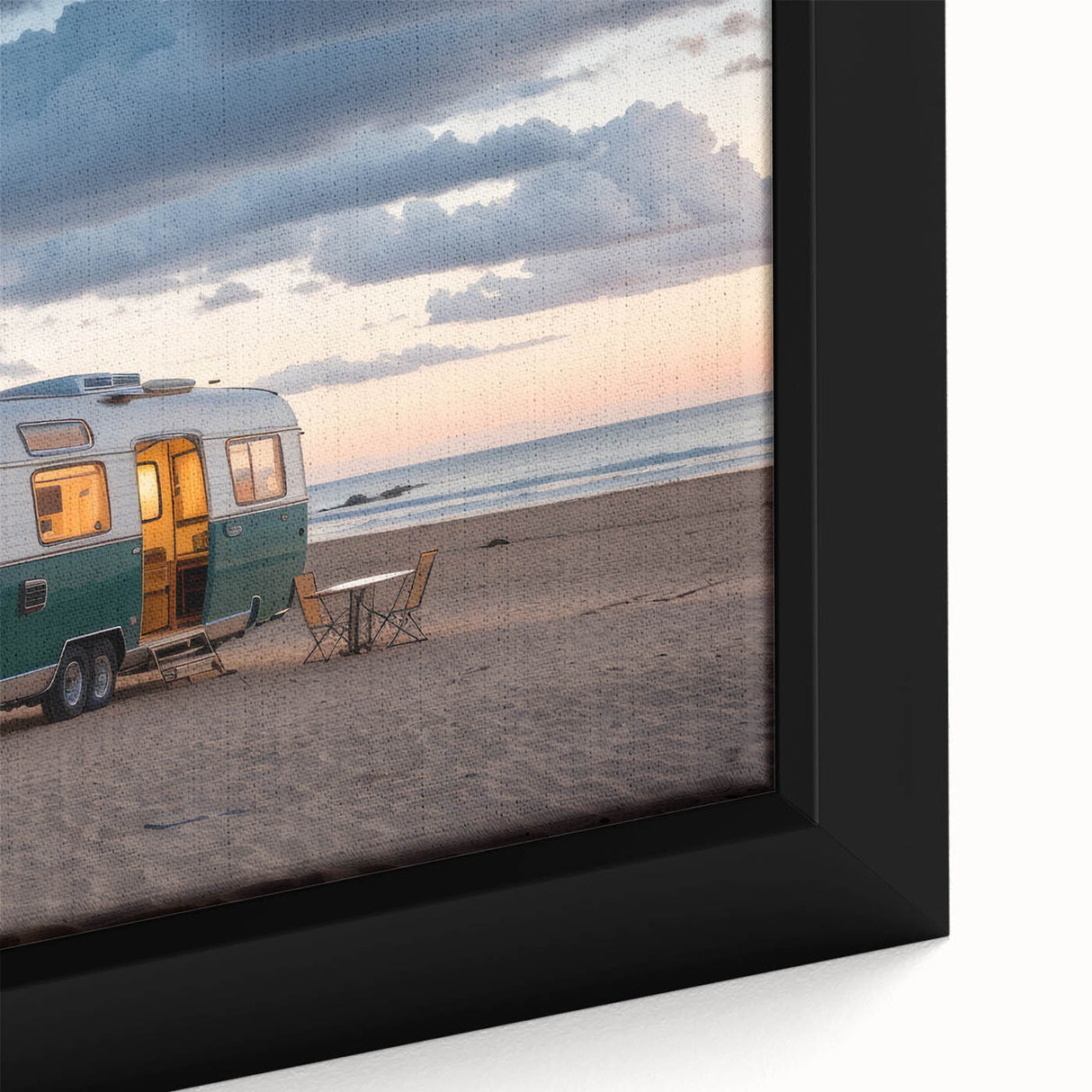 Black canvas wall art featuring a textured, colorful caravan scene, ideal for large living room decor.