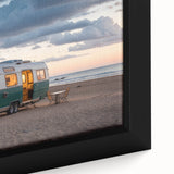Black canvas wall art featuring a textured, colorful caravan scene, ideal for large living room decor.