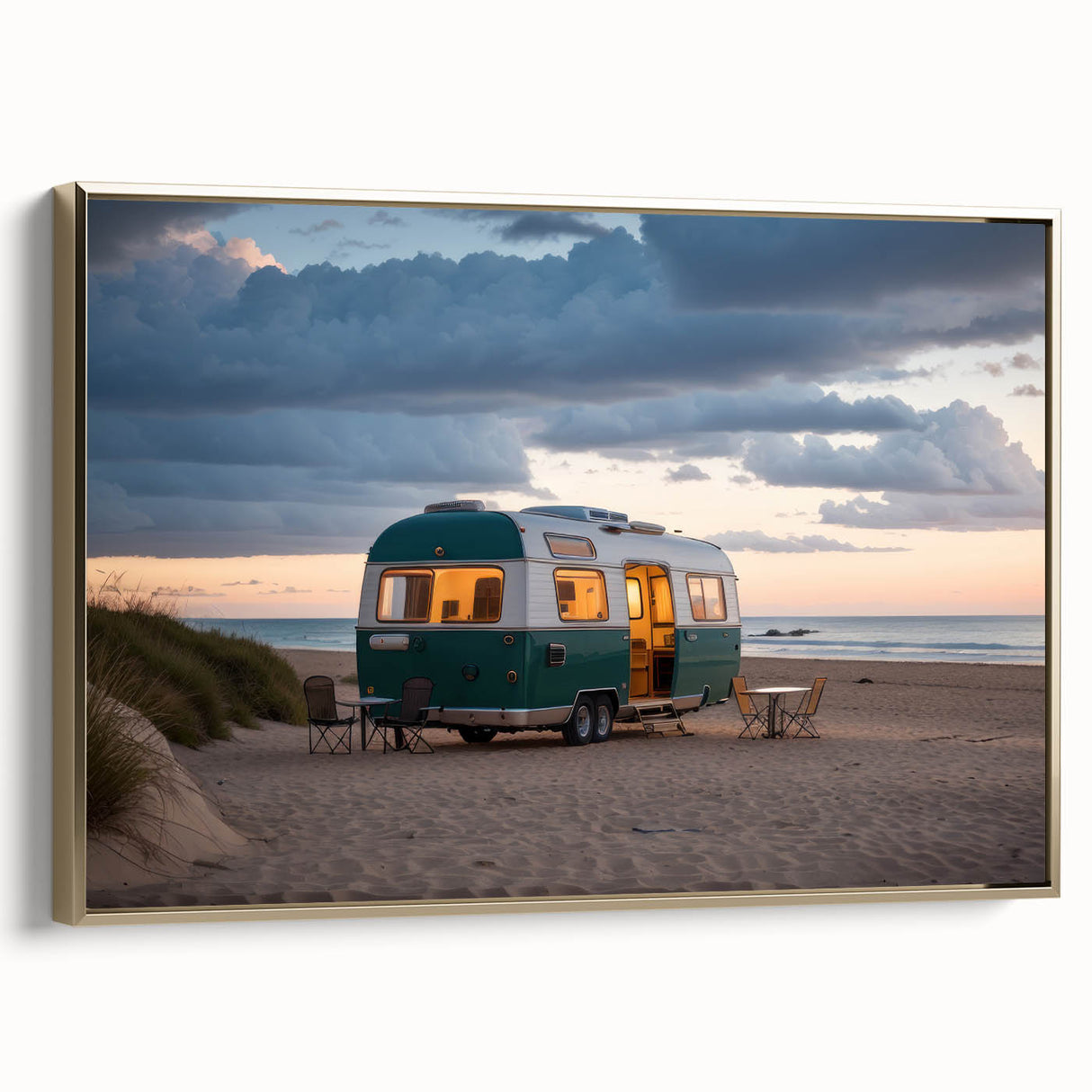 Framed canvas featuring a vintage poster art of a colorful caravan landscape, ideal for a vibrant living room decor.