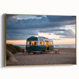 Framed canvas featuring a vintage poster art of a colorful caravan landscape, ideal for a vibrant living room decor.