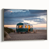 Vintage poster art of a colorful caravan on a black background, framed canvas, ideal for living room decor.