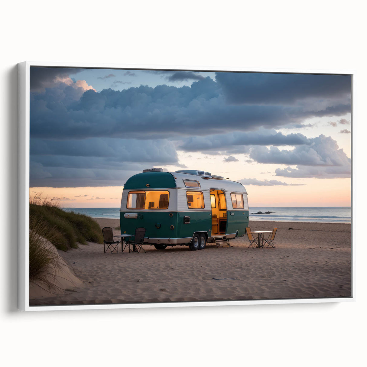 Vintage caravan in a landscape painting on framed canvas with black and white tones, ideal for bedroom wall decor.
