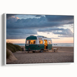 Vintage caravan in a landscape painting on framed canvas with black and white tones, ideal for bedroom wall decor.
