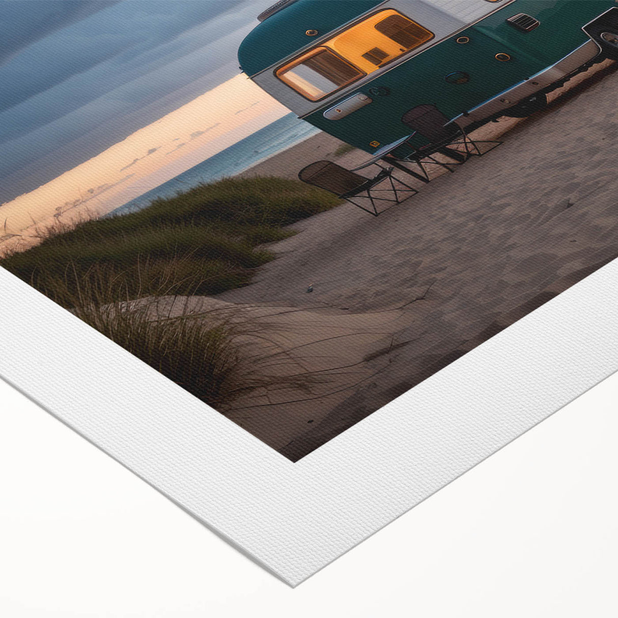 Art deco poster of a vintage caravan in muted earth tones on rolled canvas, suitable for dining room decor.