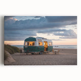 Black and white photo of a vintage caravan on stretched canvas, suitable as large kitchen wall art.
