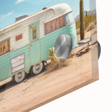 Large abstract wall art featuring a mid-century modernist caravan design in muted earth tones on acrylic glass.