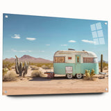 Side view of a caravan depicted in muted earth tones on acrylic glass, suitable for bedroom or dining room decor.