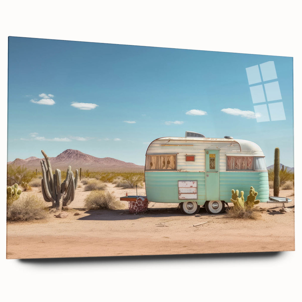 Side view of a caravan in muted earth tones on acrylic glass, suitable as large abstract bedroom or dining room art.