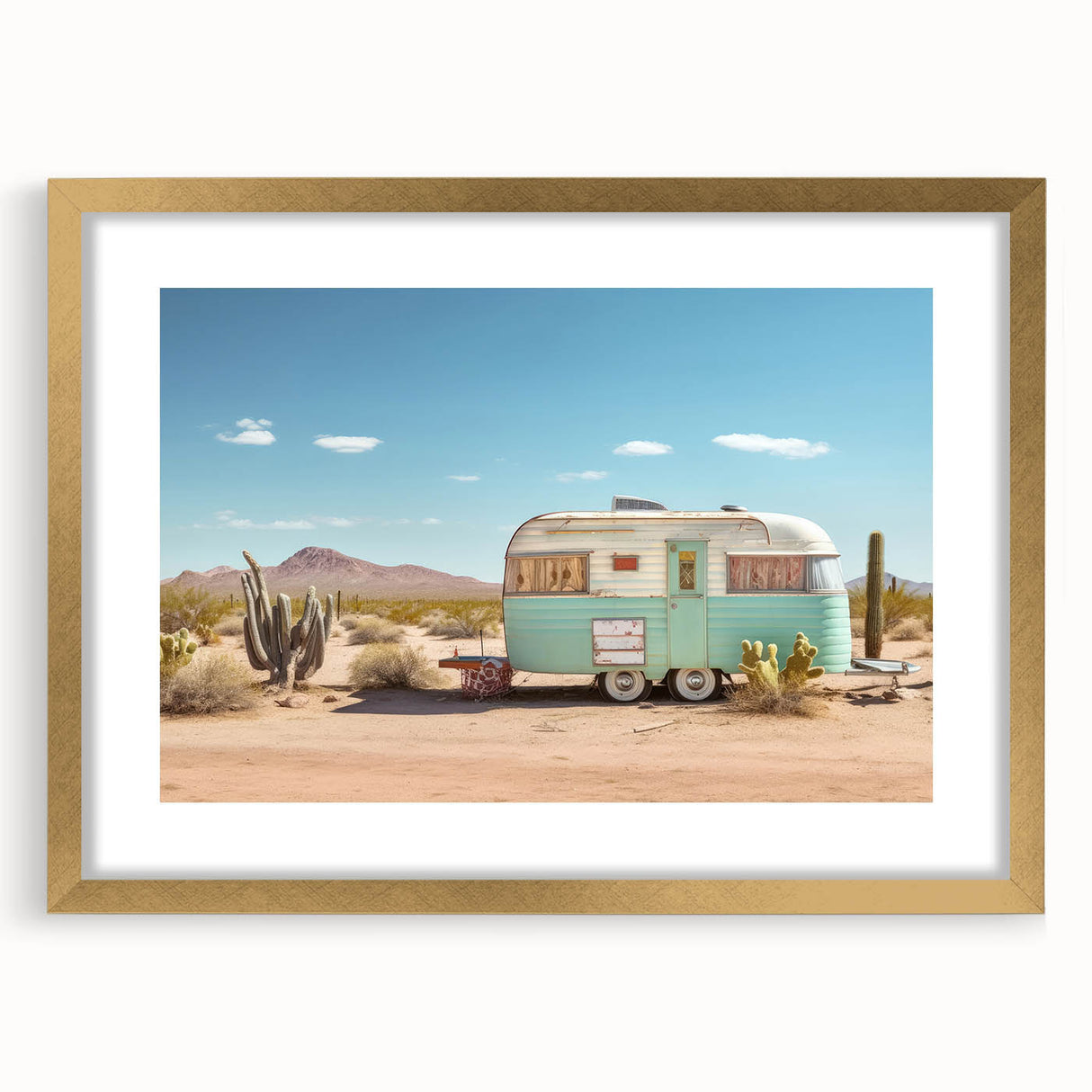 Textured abstract art print of a caravan in muted earth tones on a gold-framed canvas, ideal for bedroom art.