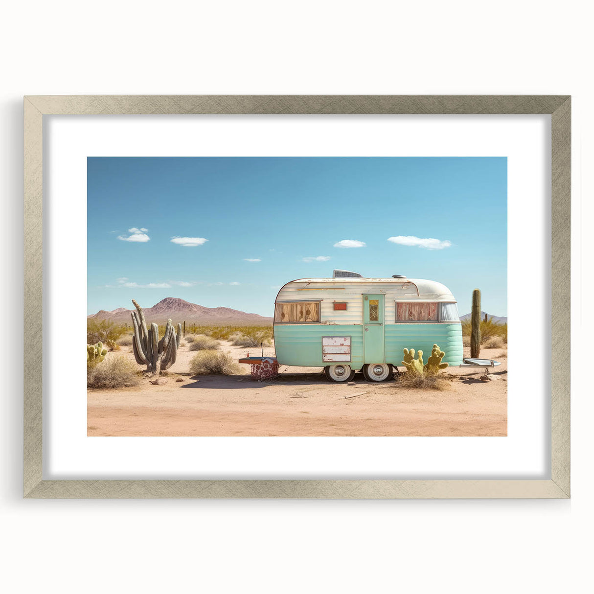 Abstract art print of a caravan in muted earth tones on a framed silver mat, suitable for dining room decor.