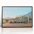 Large abstract wall art featuring a caravan in muted earth tones on a black acrylic frame.