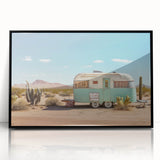 Large abstract wall art featuring a caravan in muted earth tones on a black acrylic frame.