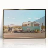 Mid-century modernist art depicting a caravan in muted earth tones on a framed acrylic, ideal for nursery wall decor.