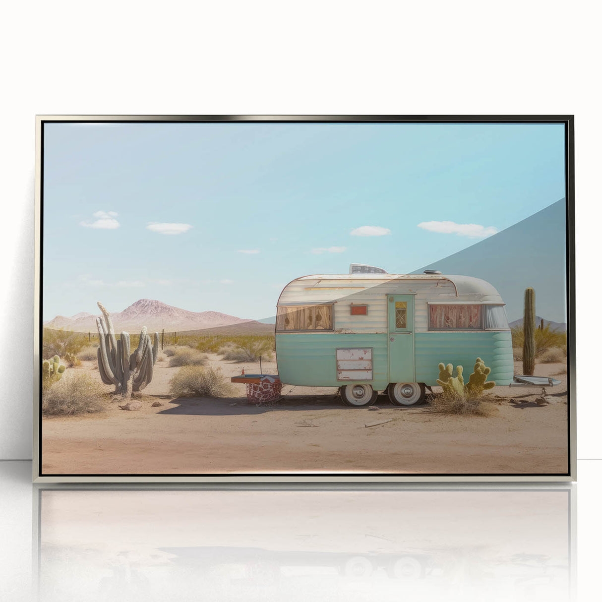 Art deco poster featuring a caravan in muted silver and gray tones, acrylic print framed in silver.