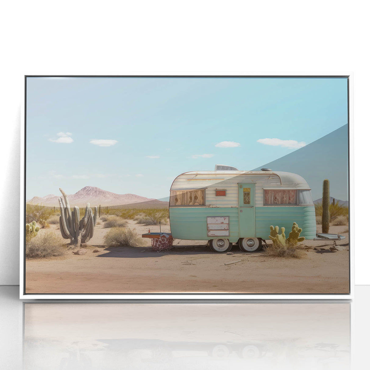 Mid-century modernist caravan illustration in muted earth tones on a white acrylic framed print.