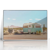 Mid-century modernist caravan illustration in muted earth tones on a white acrylic framed print.