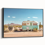 Black and white framed canvas featuring a vintage caravan in a landscape setting, ideal for bedroom wall decor.