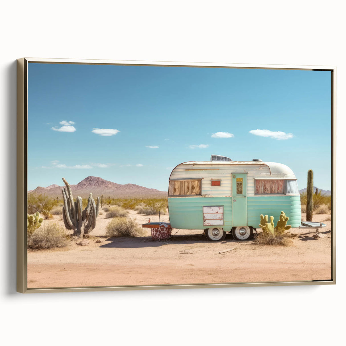 Framed canvas depicting a vintage caravan in a landscape setting, rendered in black and gold tones.