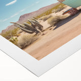 Art deco poster featuring a vintage caravan in muted beige and brown tones, printed on rolled canvas.