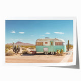 Rolled print of a caravan in a desert landscape, rendered in earthy tones, suitable as extra large wall art for dining rooms.
