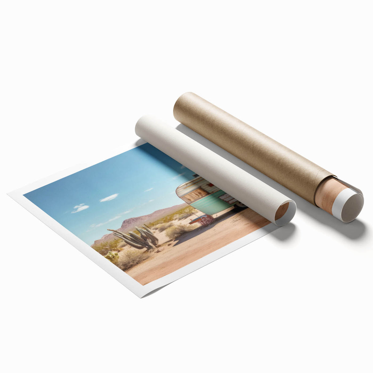 Large rolled print of a vintage caravan in muted earth tones, suited for classy bathroom or living room decor.