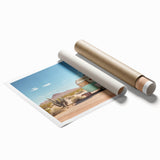 Large rolled print of a vintage caravan in muted earth tones, suited for classy bathroom or living room decor.