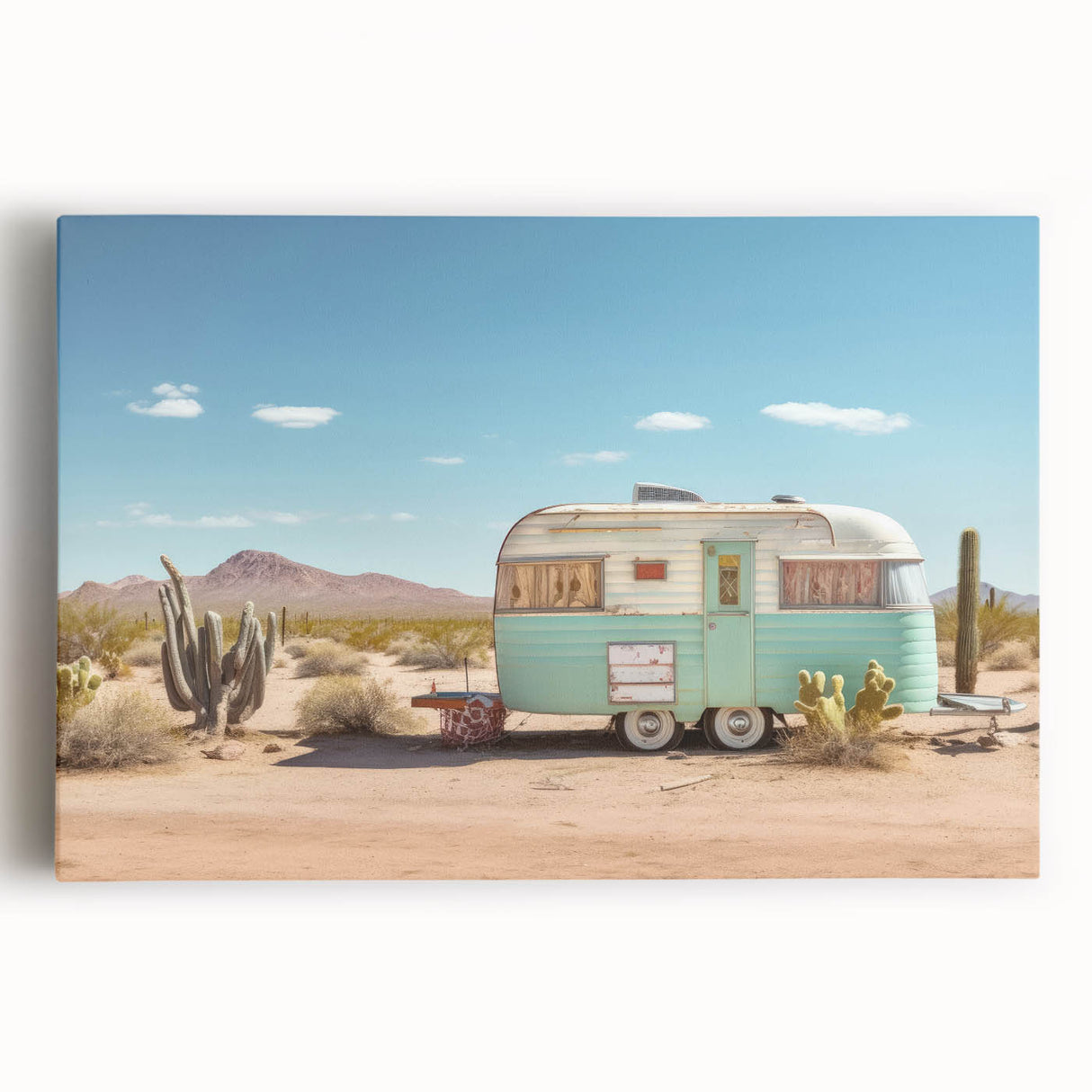 Black and white photo of a vintage caravan on stretched canvas, suitable for kitchen art.
