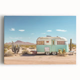 Black and white photo of a vintage caravan on stretched canvas, suitable for kitchen art.