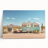Black and white photo of a caravan on stretched canvas, suitable as large kitchen wall art or for bedroom decor.