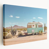 Side view of a vintage caravan in muted earth tones on a stretched canvas, suitable for kitchen wall art.