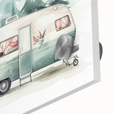 Large abstract wall art featuring a mid-century modernist caravan design in muted earth tones, acrylic print.