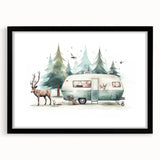 Abstract art print of a colorful caravan, featuring textured details in vibrant hues on a large black-framed canvas.