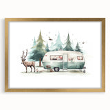 Abstract textured art print featuring a caravan in muted earth tones, framed in gold, ideal for bedroom art.