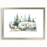 Abstract art print of a caravan in muted earth tones on a framed silver mat, suitable for dining room decor.