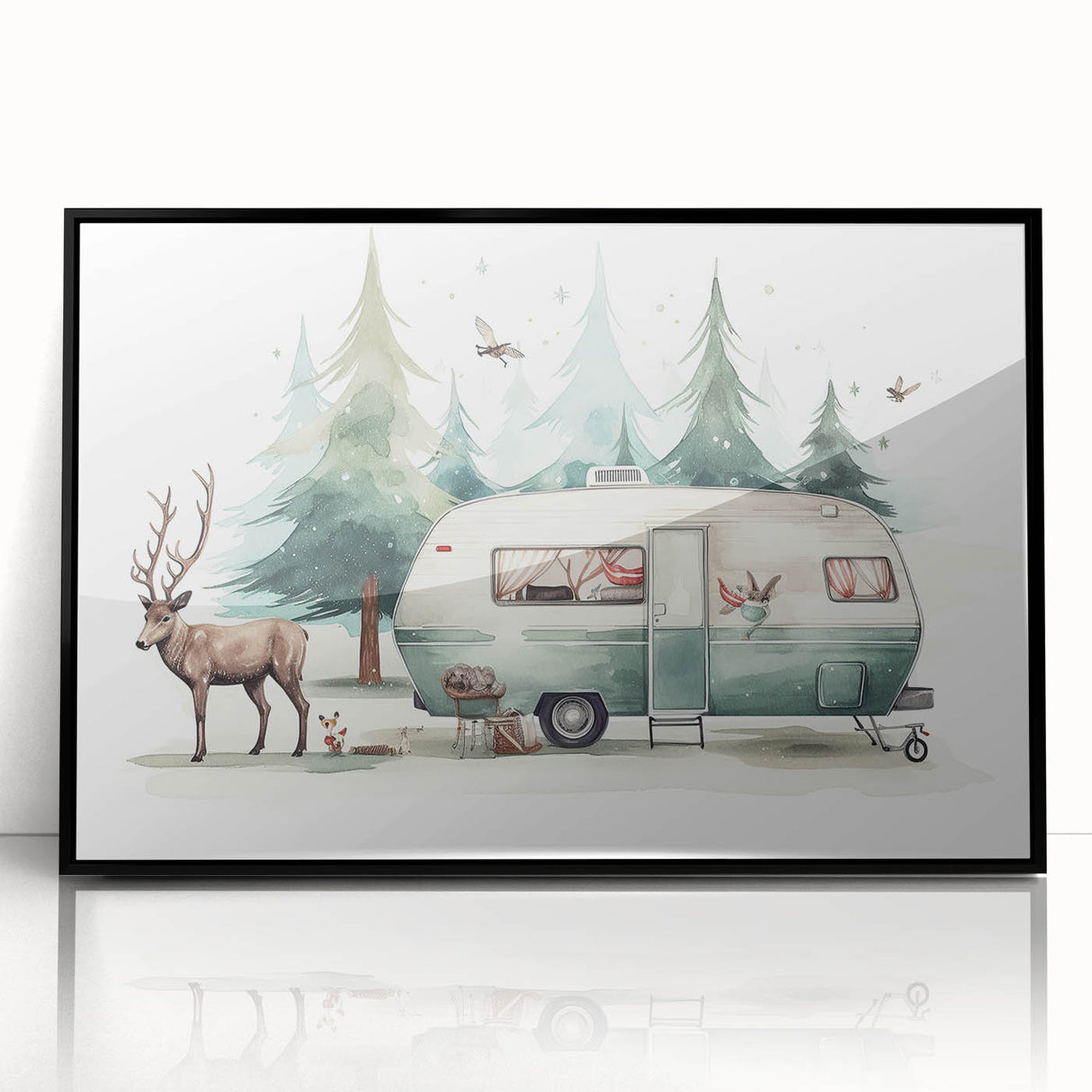 Large abstract wall art featuring a mid-century modernist caravan design in black and white, framed acrylic.