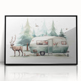 Large abstract wall art featuring a mid-century modernist caravan design in black and white, framed acrylic.