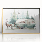 Mid-century modernist art deco poster featuring a caravan, in muted gold and white tones, acrylic framed.
