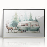 Art deco poster of a vintage caravan in muted silver and gray tones, framed acrylic.